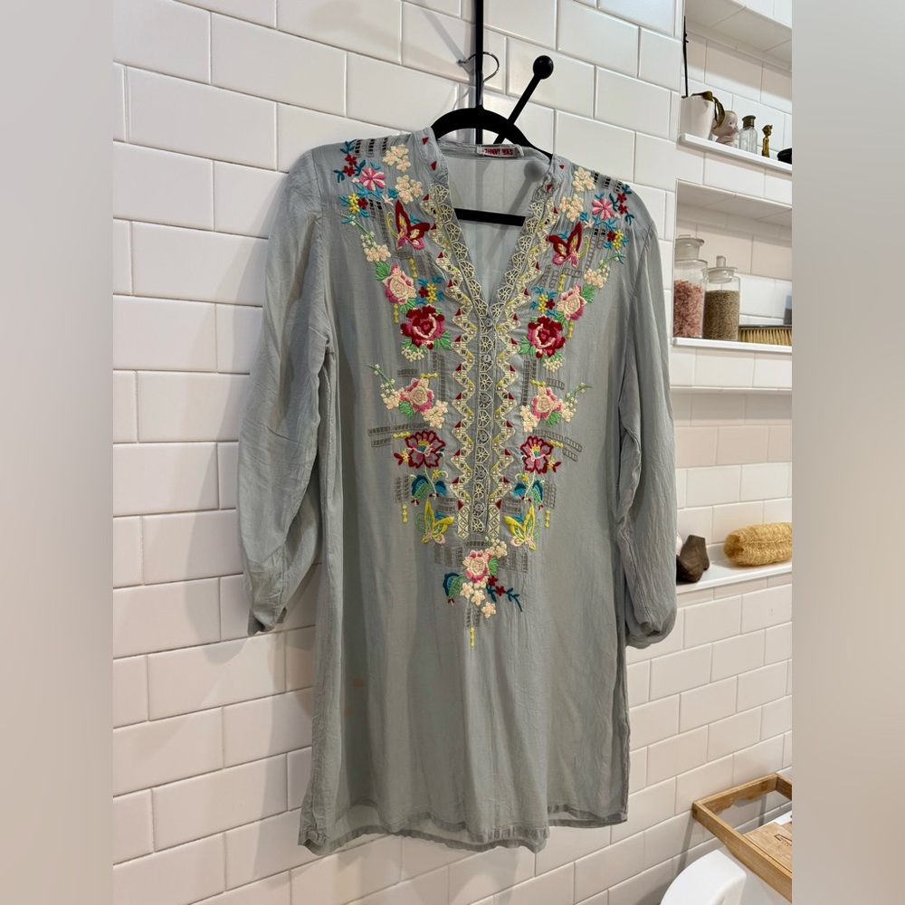 Johnny Was grey embroidered dress
